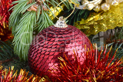 Christmas baubles on christmas tree. new year invitation card