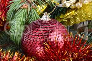 Christmas baubles on christmas tree. new year invitation card