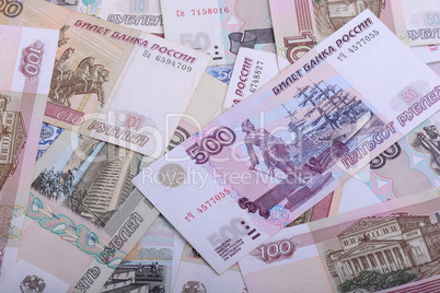 Russian money background. Rubles banknotes closeup texture
