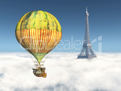 Fantasie Heißluftballon und Eiffelturm über den Wolken