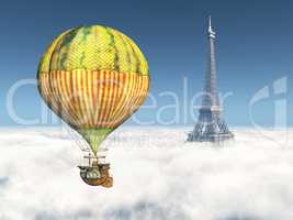 Fantasie Heißluftballon und Eiffelturm über den Wolken