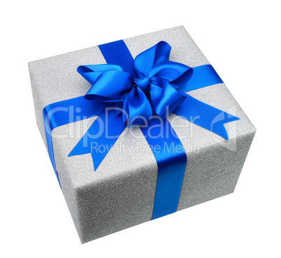 Silber Geschenkpaket mit eleganter blauer Schleife
