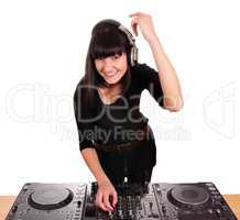 beautiful happy girl dj with turntables