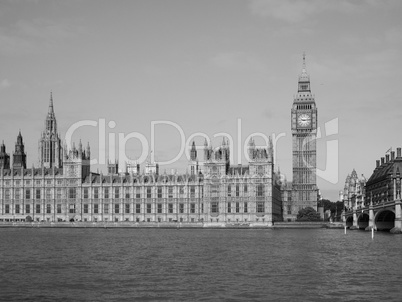 Black and white Houses of Parliament in London