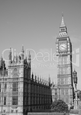 Black and white Houses of Parliament in London