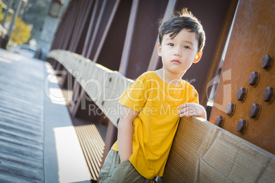 Mixed Race Boy Leaning on Bridge Outdoors