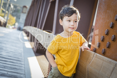 Mixed Race Boy Leaning on Bridge Outdoors