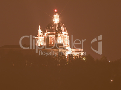 Retro looking Basilica di Superga at night in Turin