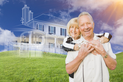 Senior Couple In Front of Ghosted House Drawing on Grass