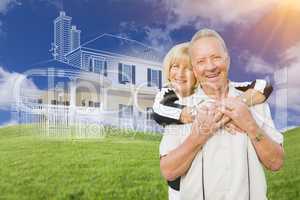 Senior Couple In Front of Ghosted House Drawing on Grass