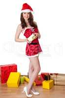 Woman with Santa hat and Christmas packages