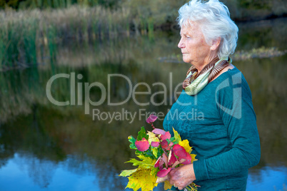 Seniorin collects colorful autumn leaves