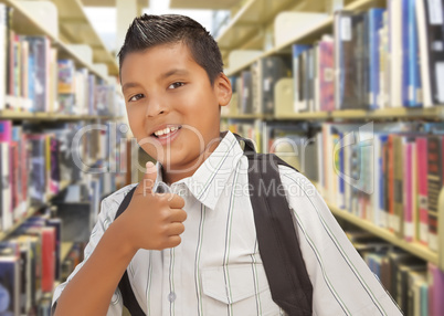 Hispanic Student Boy with Thumbs Up in the Library