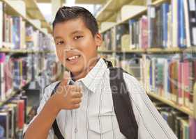 Hispanic Student Boy with Thumbs Up in the Library