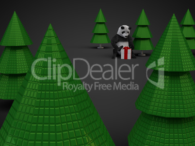 christmas panda bear gift presentation box trees isolated on dark background