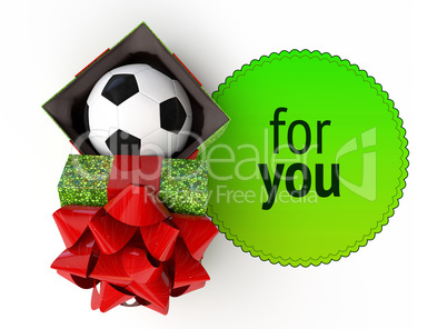 top view opened gift box with soccer ball inside. render cg illustration purple cap lid violet empty present case on vivid gradient and space text placement isolated on dark