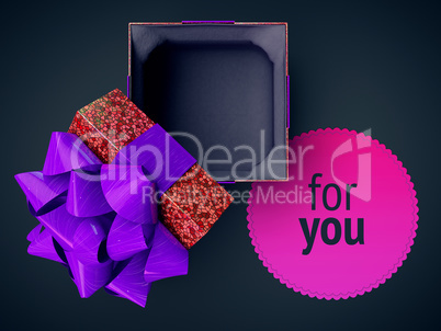 render cg illustration top view gift box purple opened cover cap lid violet empty present case on vivid gradient and space text placement isolated on dark