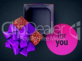 render cg illustration top view gift box purple opened cover cap lid violet empty present case on vivid gradient and space text placement isolated on dark