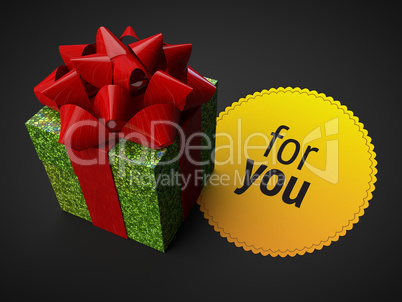 shiny giftbox ribbon yellow badge dark background isolated render