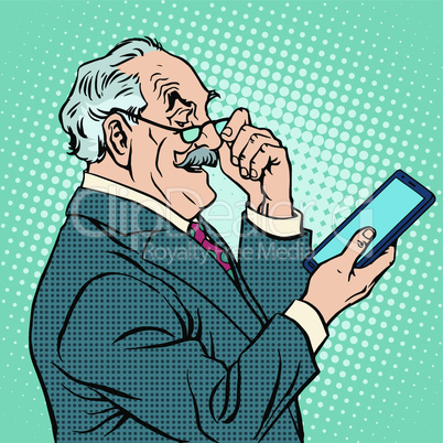 old man gadgets elderly businessman new tablet