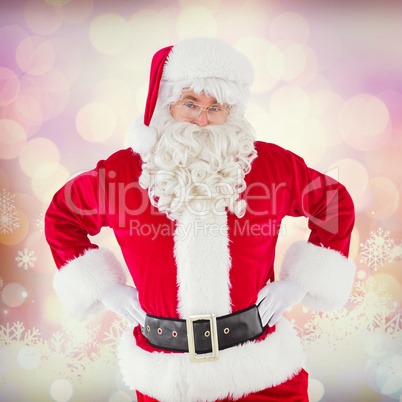 Composite image of cheerful santa claus with his hands on hips