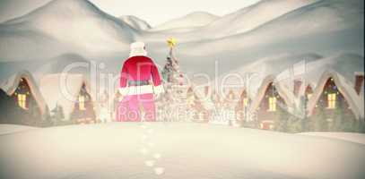 Composite image of rear view of santa claus holding a sack
