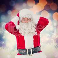 Composite image of stressed santa with his hands on head