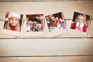 Composite image of instant photos on wooden floor