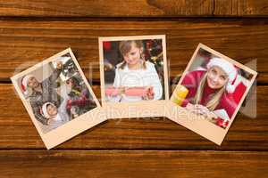 Composite image of instant photos on wooden floor