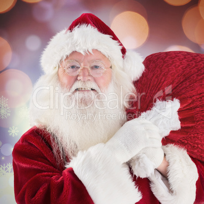 Composite image of jolly santa carries his sack