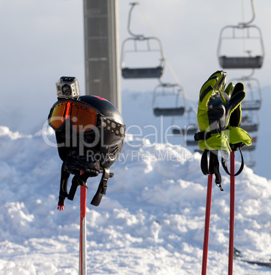 Protective sports equipment on ski poles at ski resort