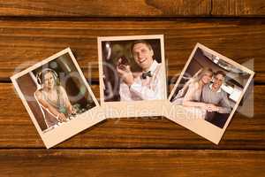 Composite image of instant photos on wooden floor