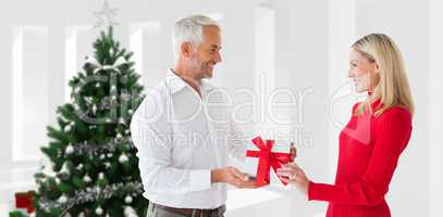 Composite image of loving couple with gift