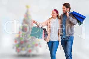 Composite image of smiling couple walking hand in hand and going