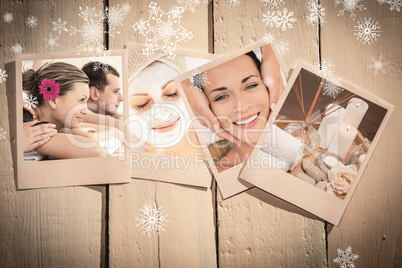 Composite image of cheerful young couple enjoying a spa treatment