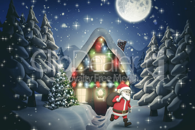Composite image of cartoon santa running with sack