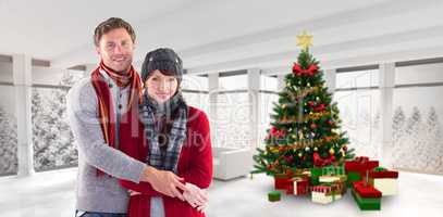 Composite image of couple holding and smiling together