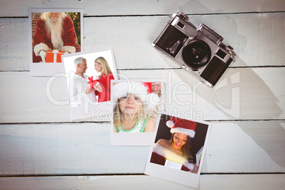 Composite image of smiling couple embracing and holding gift