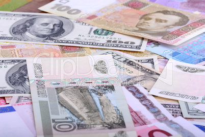 european and american money, hryvnia, rubble and dollars