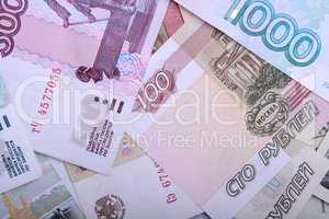 Russian money background. Rubles banknotes closeup texture