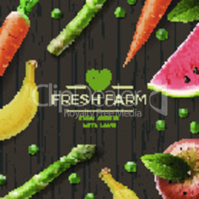 Farm label, bio healthy food on wooden background, vector illustration.