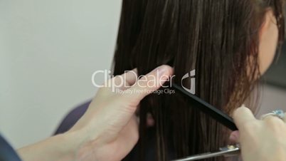 Hairdresser trimming brown hair with scissors