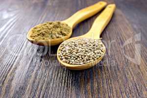 Flour and seed of hemp in spoon on board