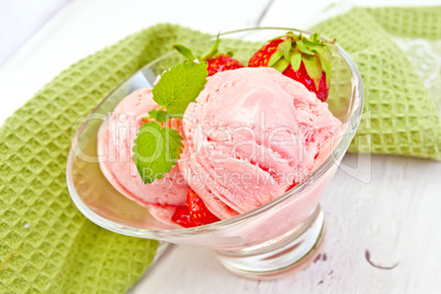 Ice cream strawberry in glass on board