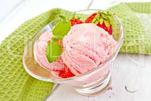 Ice cream strawberry in glass on board