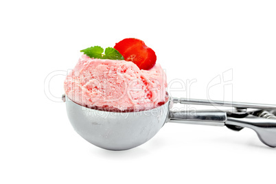 Ice cream strawberry in spoon with mint