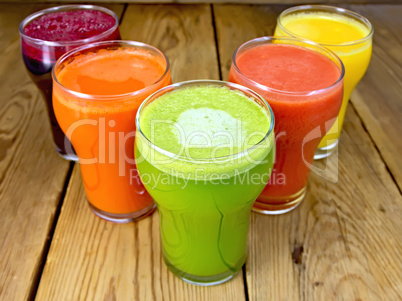 Juice vegetable in five glassful on board