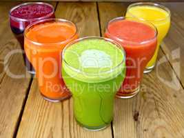 Juice vegetable in five glassful on board