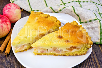 Pie apple with sour cream on board with cloth