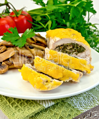 Roll chicken with champignons on napkin